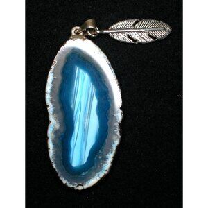 Blue Agate Pendant With Feather Charm